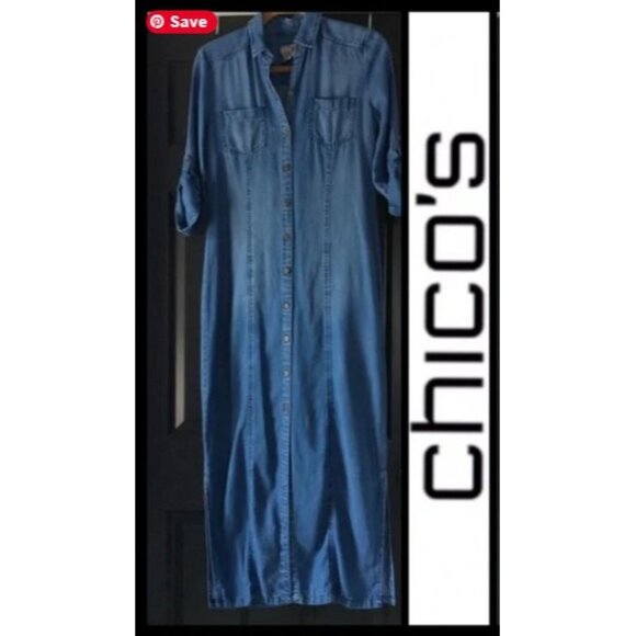 Chico's Denim Maxi Shirt Dress or Duster Button Front Side Slit Sz 8/M Chico's 1 - Picture 1 of 6